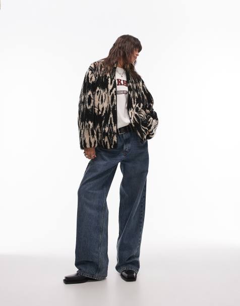 Topshop zip through borg fleece in black and white print - view 1