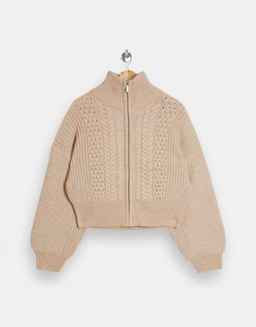 Topshop zip through cable knit cardigan in oatmeal