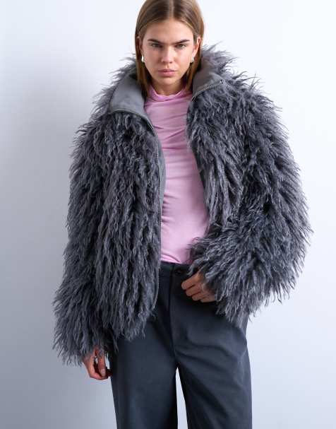 Topshop zip through Mongolian faux fur bomber in gray - view 1
