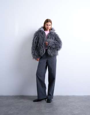 Topshop Zip Through Mongolian Faux Fur Bomber In Blue