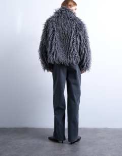 Model wearing Zip through mongolian faux fur funnel neck bomber in grey