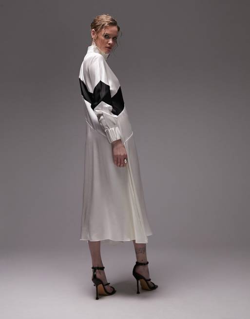 Topshop zip through panelled chuck on midi dress in cream with contrast panel, 2 of 4