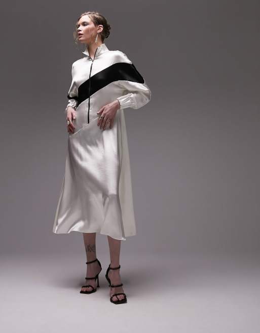 Topshop zip through panelled chuck on midi dress in cream with contrast panel, 4 of 4