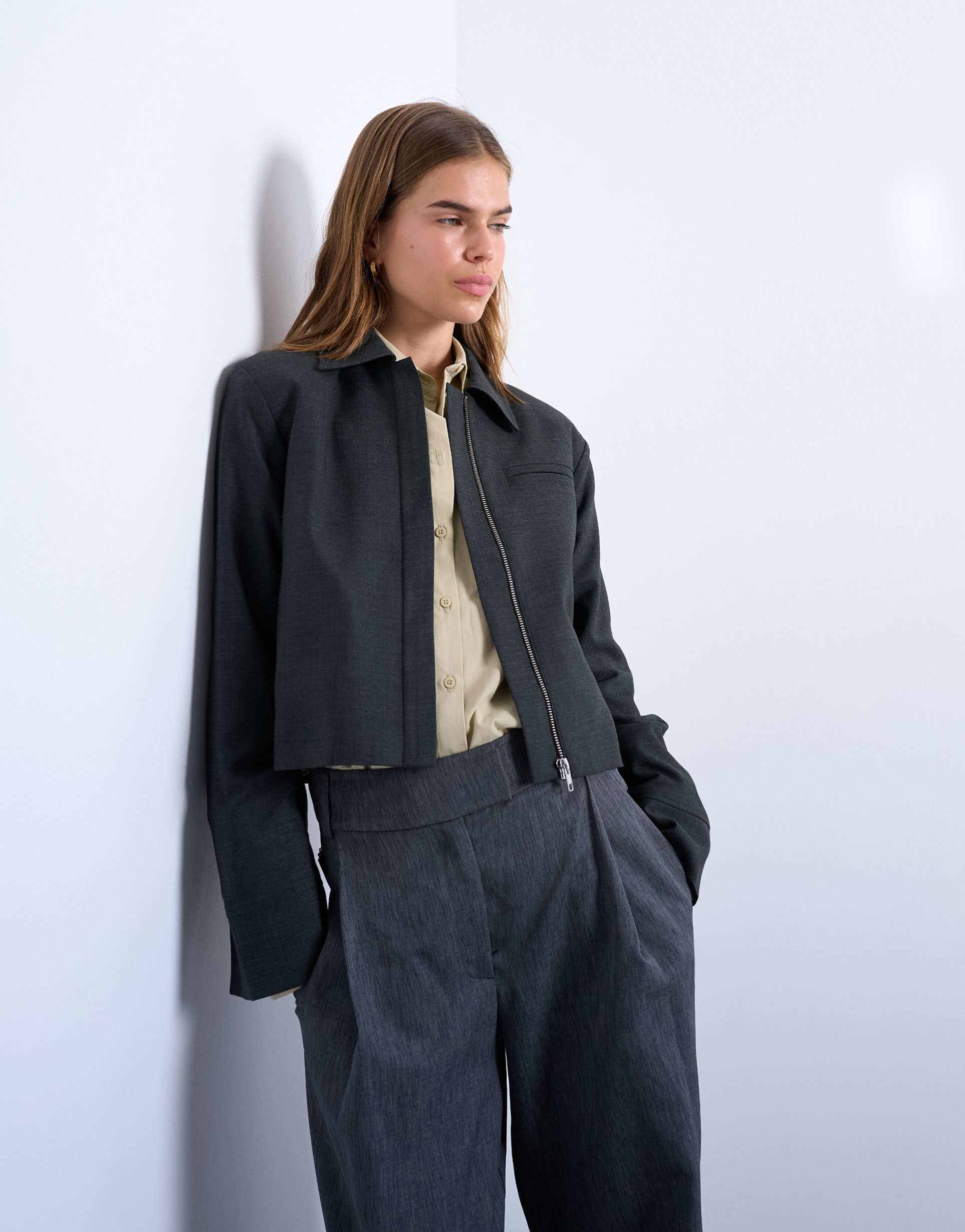 topshop zip up cropped jacket in charcoal