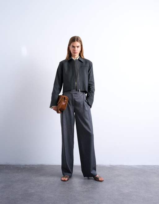 Topshop zip up cropped jacket in charcoal