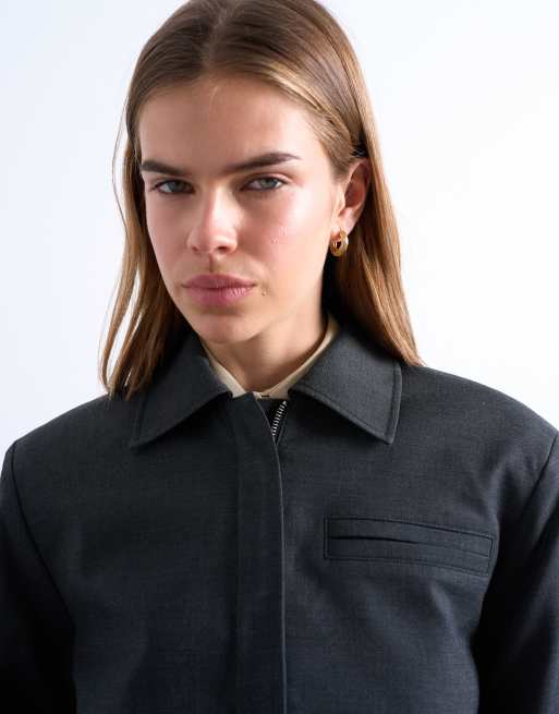 Topshop zip up cropped jacket in charcoal