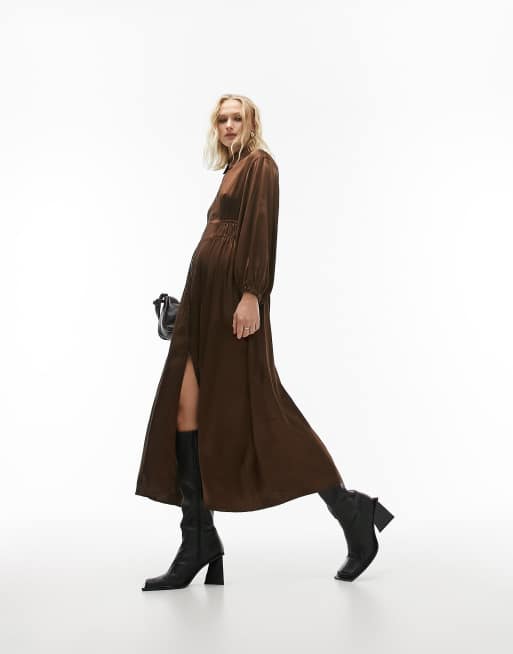 Topshop zip up satin long sleeve midi shirt dress in brown