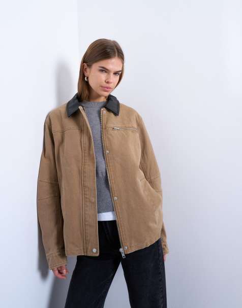 Topshop zip up tan barn jacket with contrast PU collar in tan - view 1