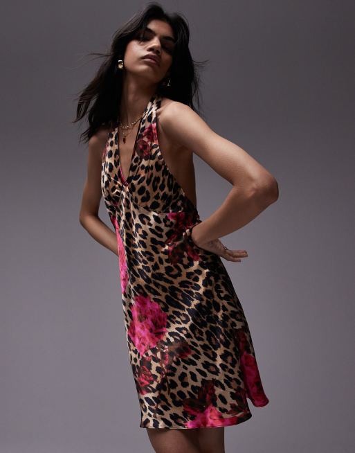 Topshop - Ziwerige mini-jurk met halternek in luipaardroze