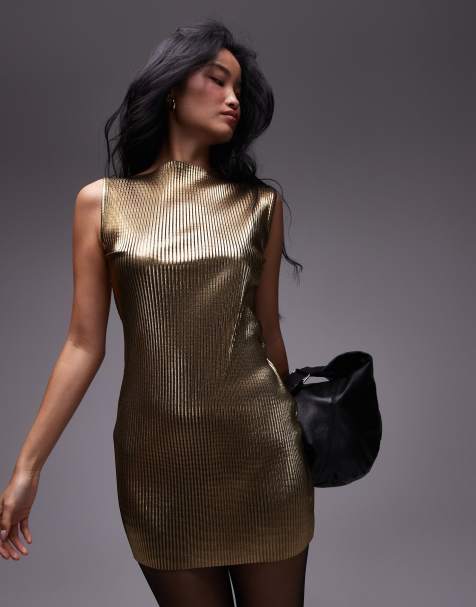 Topshop plisse mini dress in gold