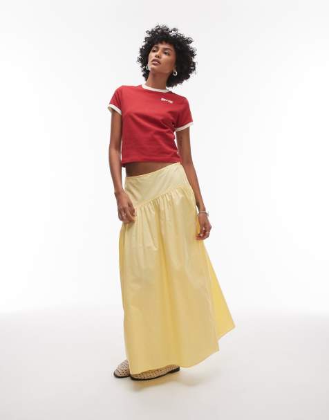 Topshop poplin full skirt with curved dropped waistband in yellow