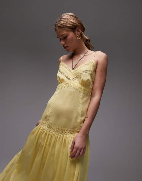 Topshop – Żółta szyfonowa sukienka midi z koronkowymi wstawkami - view 1