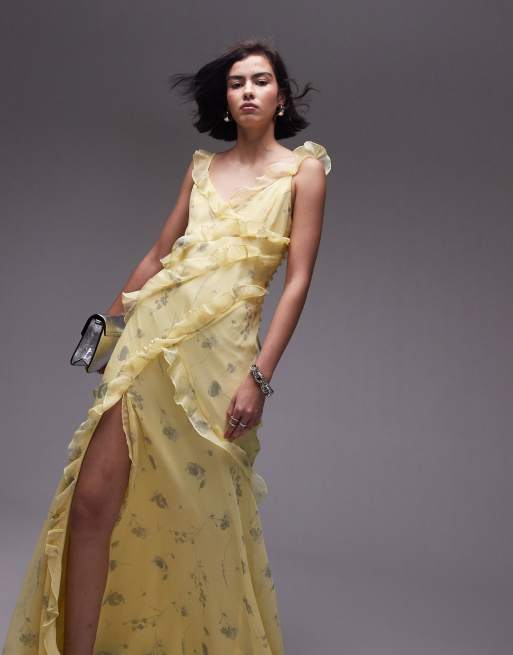 Topshop – Żółta wzorzysta sukienka midi na ramiączkach z falbanką