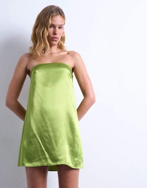 Topshop – Żółtozielona satynowa sukienka mini z dekoltem bandeau - view 1