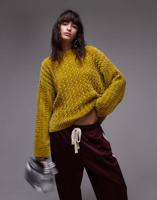 Topshop – Żółtozielony gruby sweter oversize z szenilowej dzianiny o warkoczowym splocie