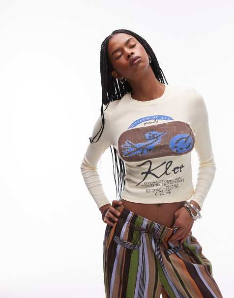 Topshop – Żółty krótki i obcisły T-shirt z długimi rękawami i licencjonowaną grafiką Paula Klee - view 1
