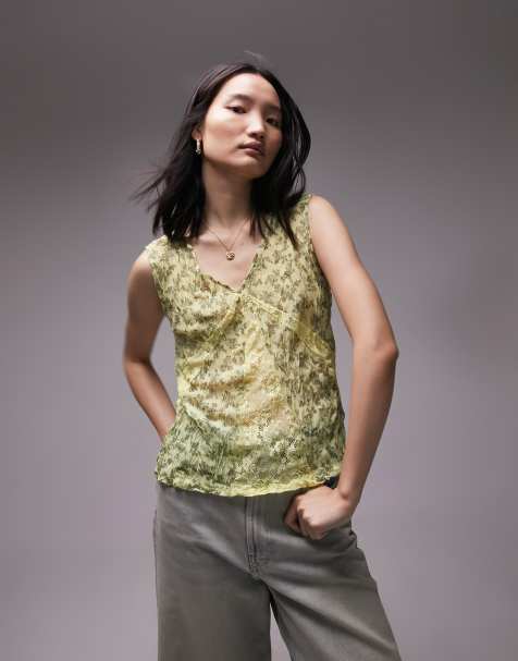 Topshop – Żółty marszczony top koronkowy w drobny kwiatowy wzór - view 1