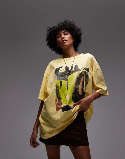 Topshop – Żółty T-shirt dżersejowy oversize z nadrukiem z napisem Cuba - view 1
