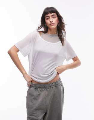 Topshop - Zweilagiges, hochwertiges Basic-T-Shirt in transparentem Grau mit lässigem Schnitt-Weiß