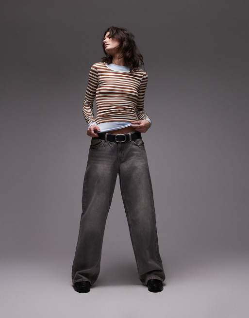 Topshop – Zweilagiges Jersey-Oberteil in gestreiftem Braun, 2 von 4