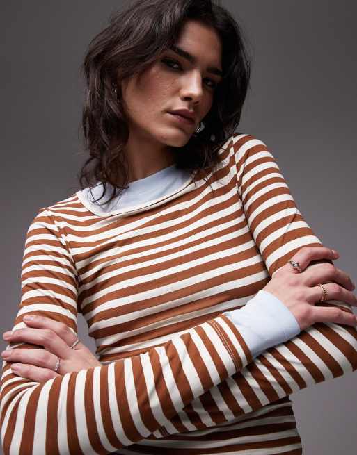Topshop – Zweilagiges Jersey-Oberteil in gestreiftem Braun, 3 von 4