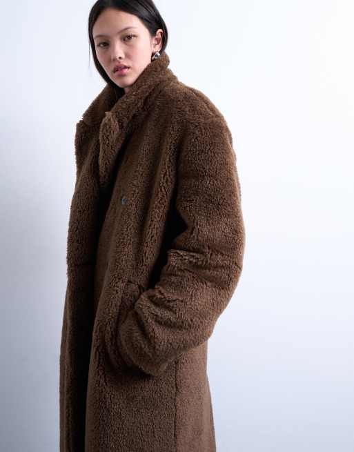 Topshop – Zweireihiger, langer Mantel aus Teddystoff in Braun, 2 von 4