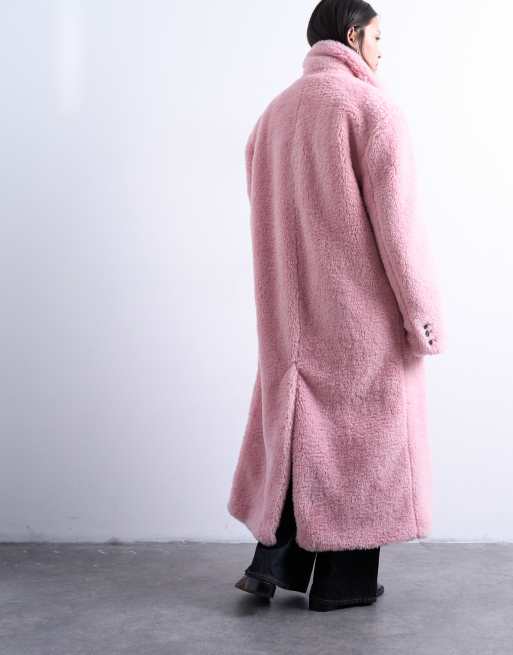 Topshop – Zweireihiger, langer Mantel aus Teddystoff in Rosa, 4 von 4