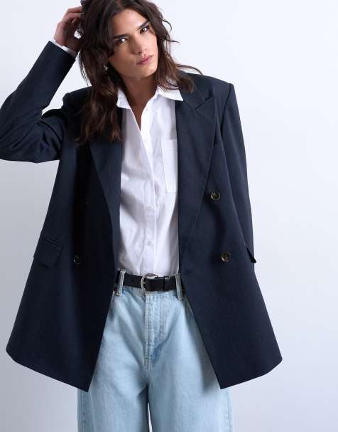Topshop – Zweireihiger Oversize-Blazer in Marineblau mit dezenten Nadelstreifen, Kombiteil - view 1