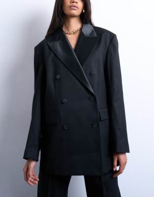 Topshop - Zweireihiger Smoking-Blazer in Schwarz mit sechs Knöpfen, Kombiteil