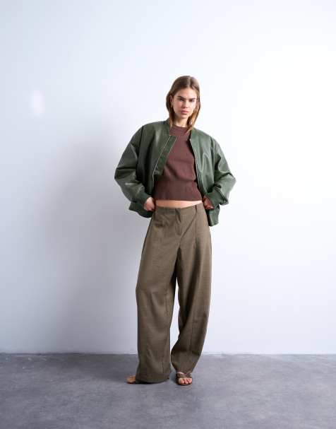 Topshop mid rise balloon leg clean waistband tapered trouser in khaki