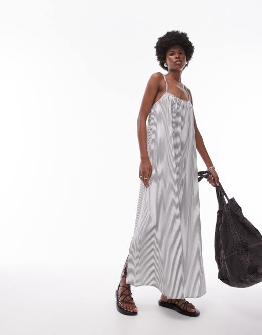 Topshop – Zwiewna sukienka maxi z elastycznymi ramiączkami i kwadratowym dekoltem w niebieskie paski 