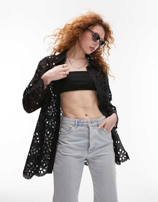 Tosphop - Chemise oversize en broderie anglaise à grands motifs de qualité supérieure avec ourlet festonné - Noir 