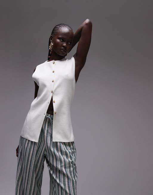 Tosphop - Gilet in maglia color avorio con scollo a barchetta
