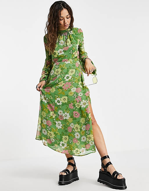 Topshop long sleeve open back midi dress in 70s retro floral