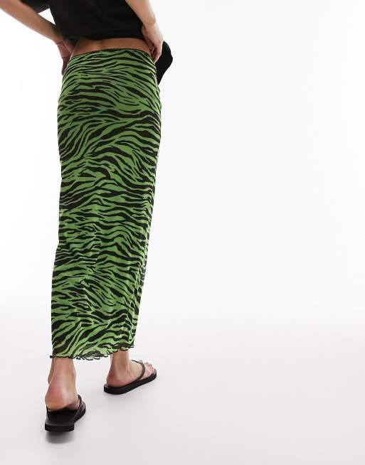 Tosphop mesh grunge lace top zebra print midi skirt in green and black