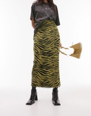 Tosphop mesh grunge lace top zebra print midi skirt in yellow and black