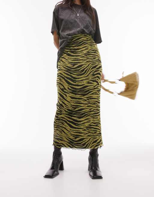 Tosphop mesh grunge lace top zebra print midi skirt in yellow and