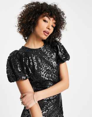 Tosphop puff sleeve sequin mini dress in silver and black | ASOS