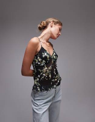 Topshop Tosphop Sheer Cami In Black Based Ditsy - Part Of A Set