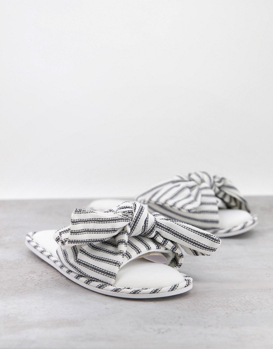 Totes bow detail open toe slippers in white and black stripe-Multi