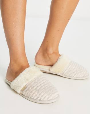 cable knit mule slipper in cream-White