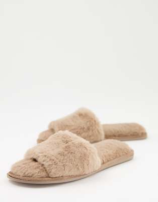 Totes faux fur open toe mule slippers in caramel-Brown