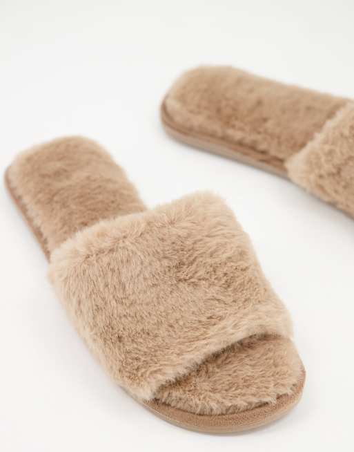 Faux fur discount open toe slippers