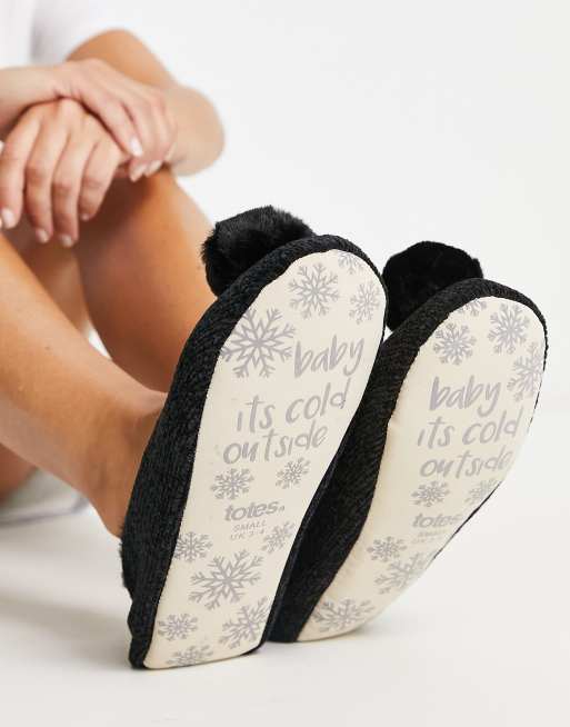 Totes faux fur pom pom ballet slippers in black, 3 of 4