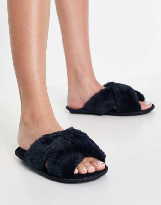 Navy sales fluffy slippers