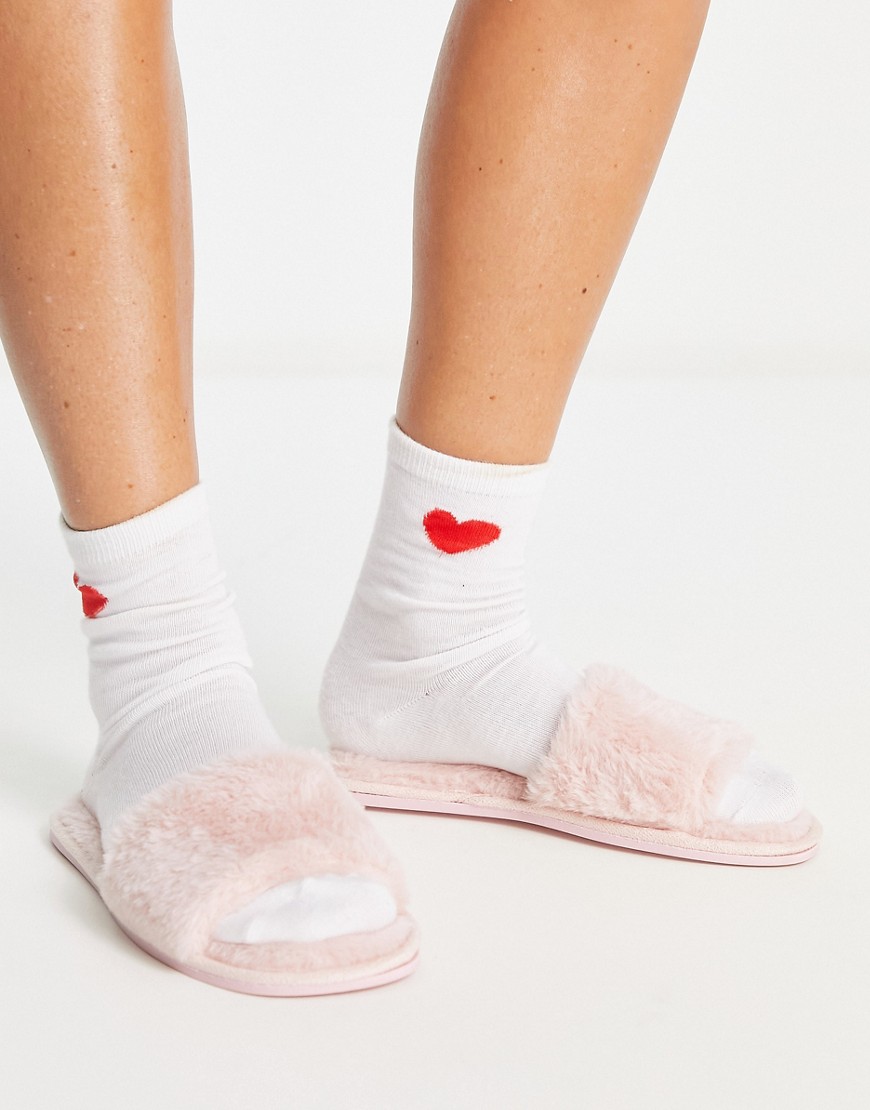 fluffy open toe slipper in pink