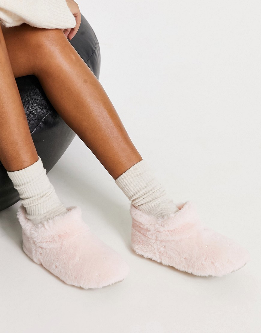 fluffy pearl embellished boot slipper in pink