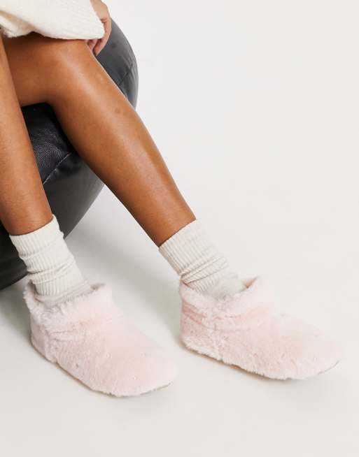 Totes fluffy pearl embellished boot slipper in pink ASOS