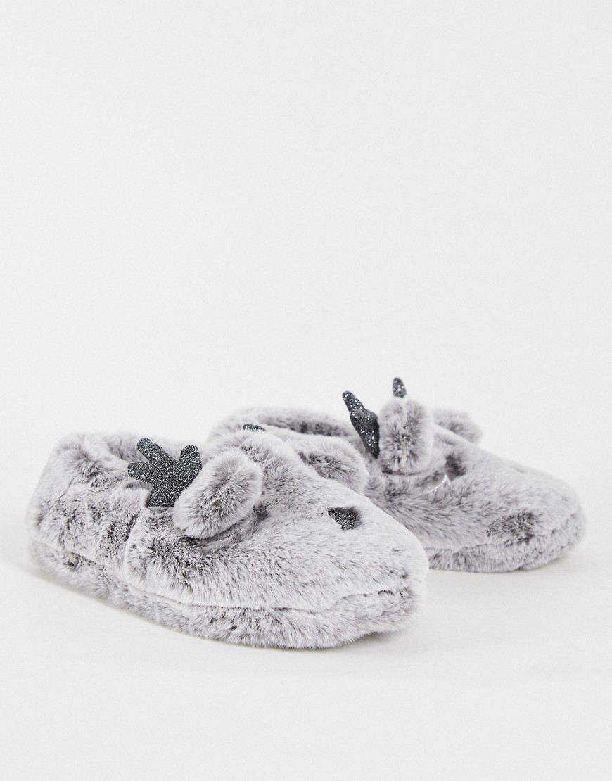 Totes Fluffy Reindeer Slippers In Gray-grey