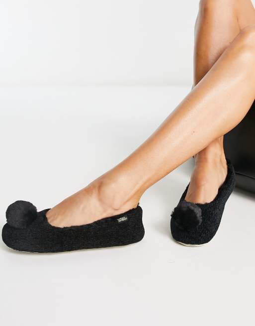 Totes fur pom pom ballet slipper in black